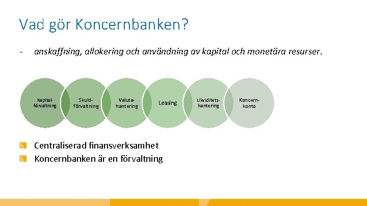 Vad gör Koncernbanken? - anskaffning, allokering och användning av kapital och monetära resurser. Kapitalförvaltning