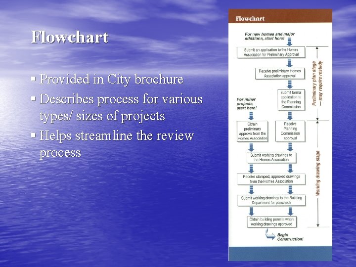 Flowchart § Provided in City brochure § Describes process for various types/ sizes of