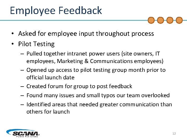 Employee Feedback • Asked for employee input throughout process • Pilot Testing – Pulled