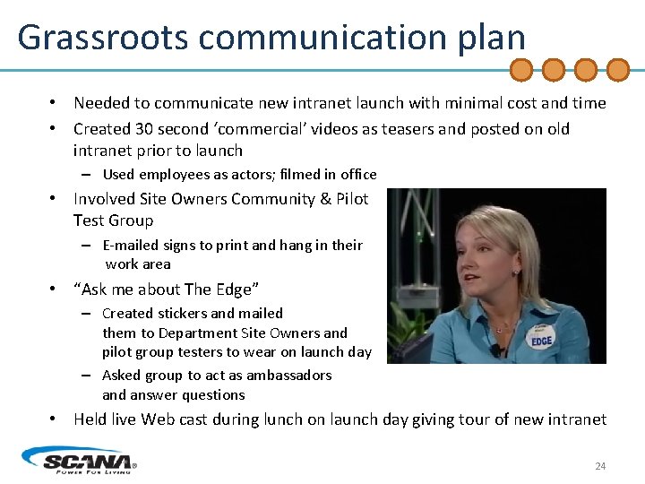 Grassroots communication plan • Needed to communicate new intranet launch with minimal cost and