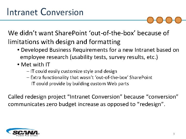 Intranet Conversion We didn’t want Share. Point ‘out-of-the-box’ because of limitations with design and