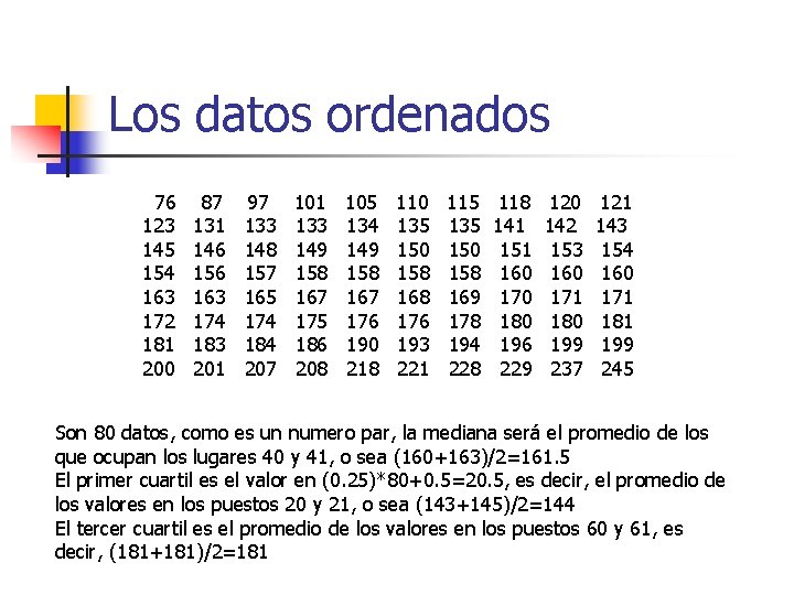 Los datos ordenados 76 87 97 101 105 110 115 118 120 121 123