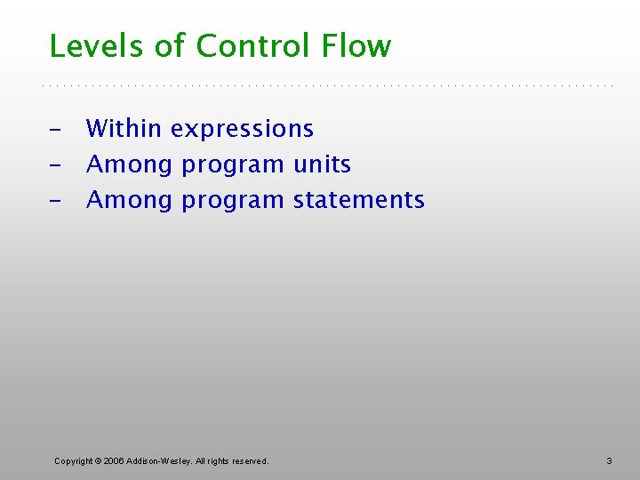 Levels of Control Flow – Within expressions – Among program units – Among program