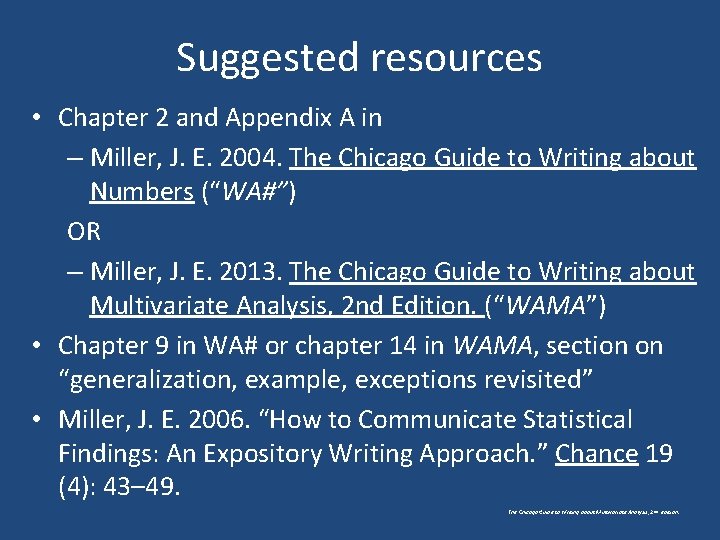 Suggested resources • Chapter 2 and Appendix A in – Miller, J. E. 2004.