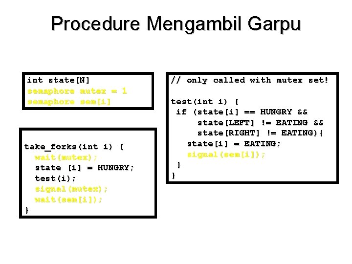 Procedure Mengambil Garpu int state[N] semaphore mutex = 1 semaphore sem[i] take_forks(int i) {