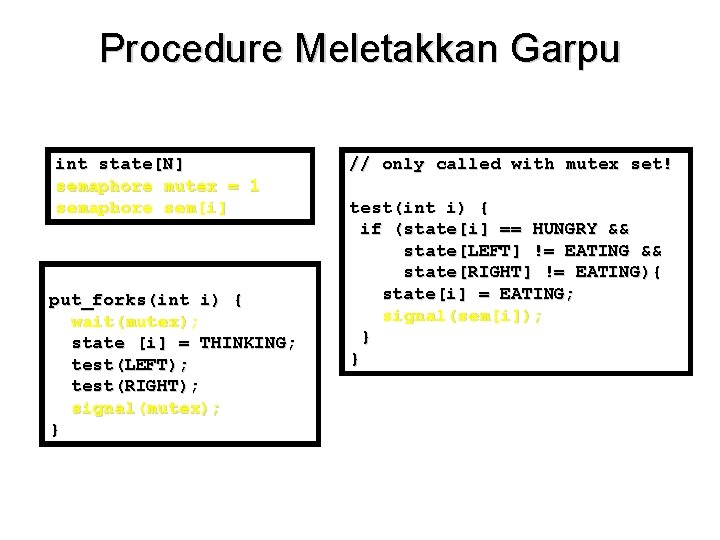 Procedure Meletakkan Garpu int state[N] semaphore mutex = 1 semaphore sem[i] put_forks(int i) {