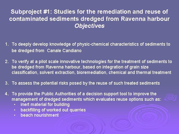 Subproject #1: Studies for the remediation and reuse of contaminated sediments dredged from Ravenna