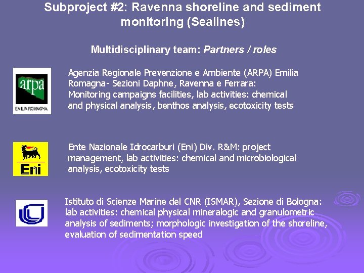 Subproject #2: Ravenna shoreline and sediment monitoring (Sealines) Multidisciplinary team: Partners / roles Agenzia