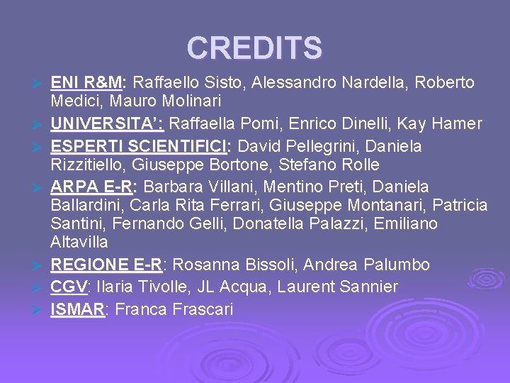 CREDITS Ø Ø Ø Ø ENI R&M: Raffaello Sisto, Alessandro Nardella, Roberto Medici, Mauro