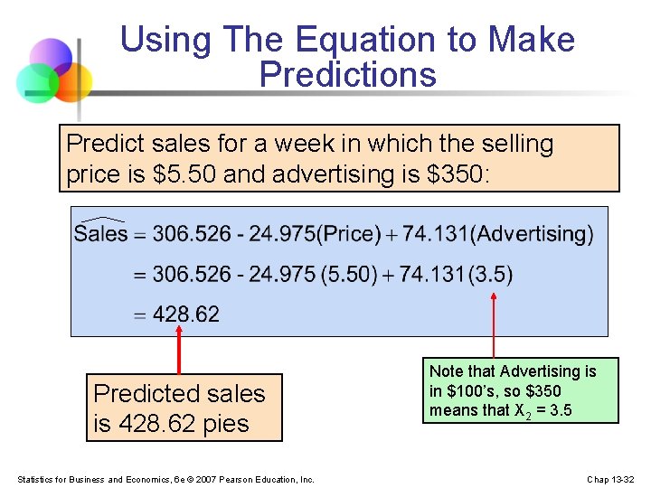 Using The Equation to Make Predictions Predict sales for a week in which the