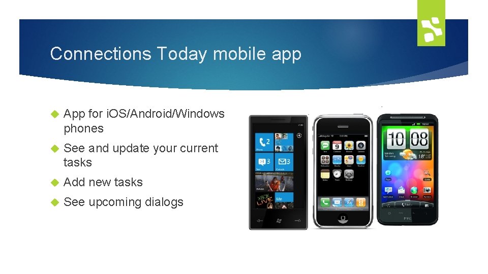 Connections Today mobile app App for i. OS/Android/Windows phones See and update your current