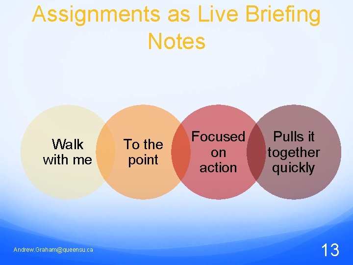 Assignments as Live Briefing Notes Walk with me Andrew. Graham@queensu. ca To the point
