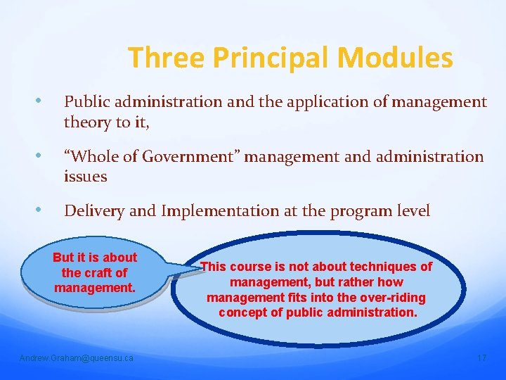 Three Principal Modules • Public administration and the application of management theory to it,