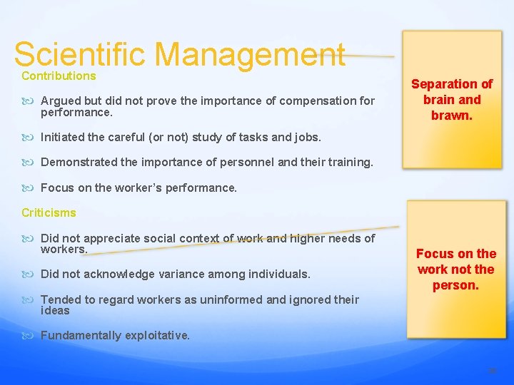 Scientific Management Contributions Argued but did not prove the importance of compensation for performance.