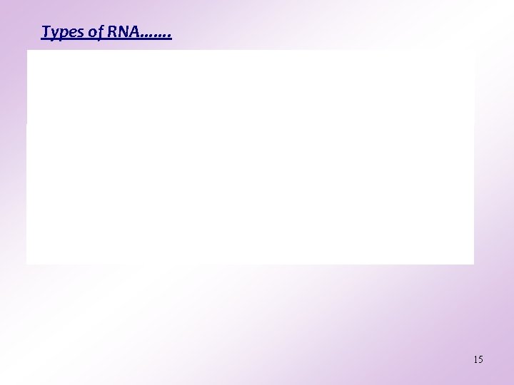 Types of RNA. . . . hn. RNA Heterogenous nuclear RNA – high MW