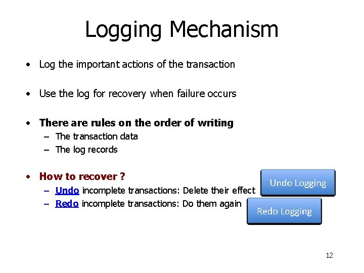 Logging Mechanism • Log the important actions of the transaction • Use the log