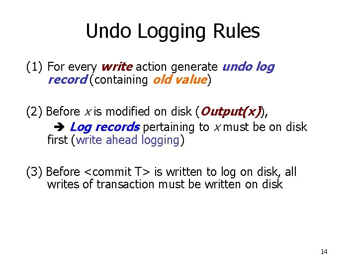 Undo Logging Rules (1) For every write action generate undo log record (containing old