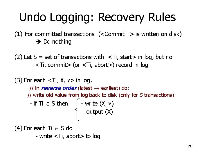 Undo Logging: Recovery Rules (1) For committed transactions (<Commit T> is written on disk)