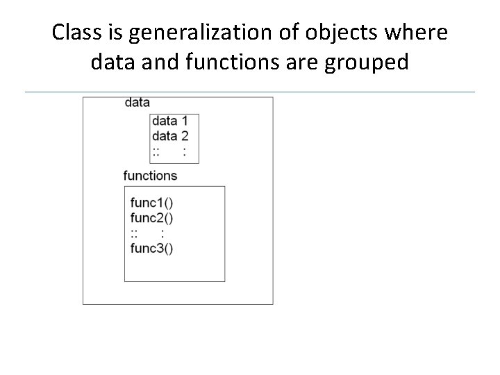 Class is generalization of objects where data and functions are grouped 