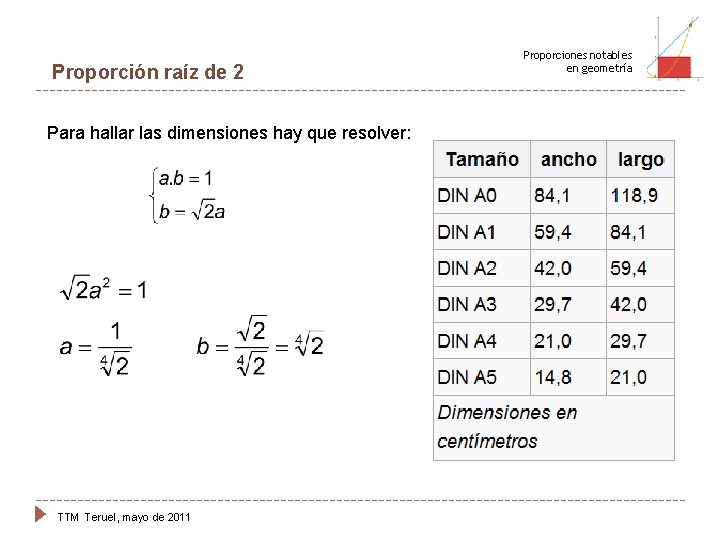 Proporción raíz de 2 Para hallar las dimensiones hay que resolver: TTM Teruel, mayo