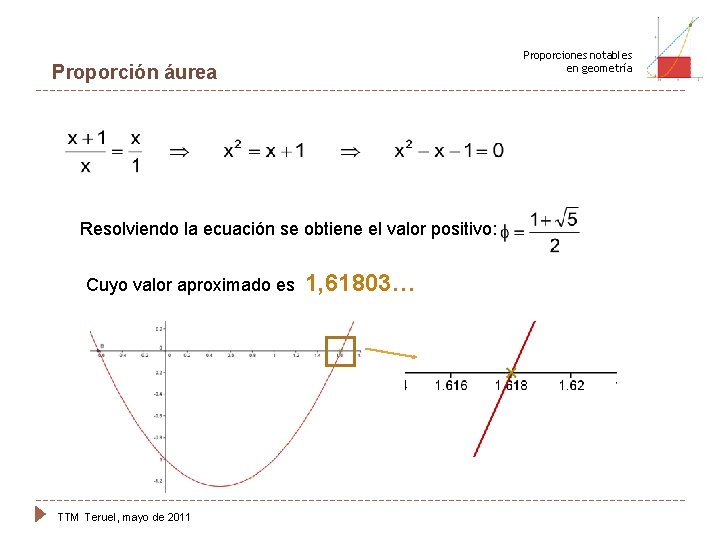 Proporción áurea Resolviendo la ecuación se obtiene el valor positivo: Cuyo valor aproximado es