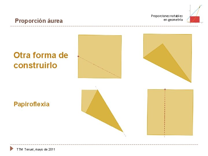 Proporción áurea Otra forma de construirlo Papiroflexia TTM Teruel, mayo de 2011 Proporciones notables