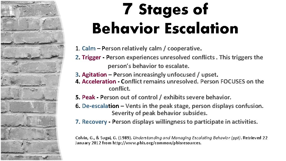 7 Stages of Behavior Escalation 1. Calm – Person relatively calm / cooperative. 2.