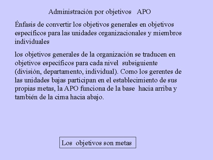 Administración por objetivos APO Énfasis de convertir los objetivos generales en objetivos específicos para