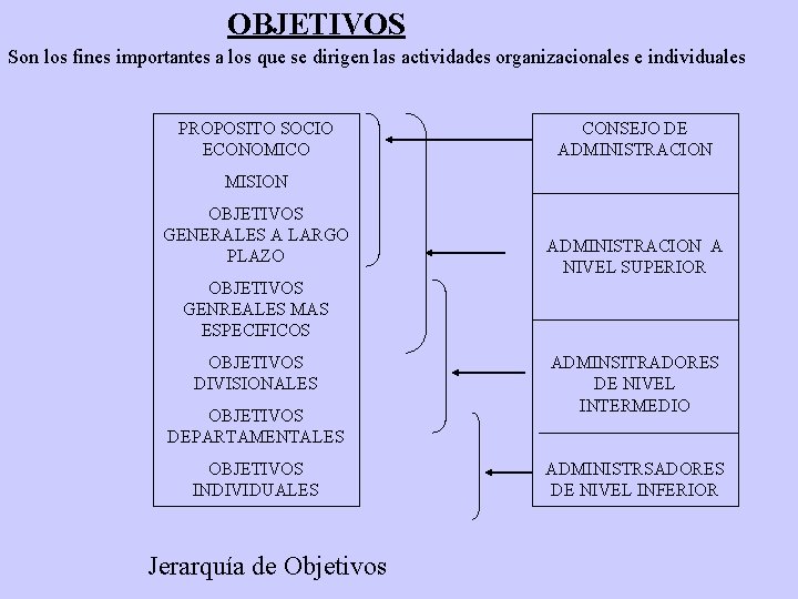 OBJETIVOS Son los fines importantes a los que se dirigen las actividades organizacionales e