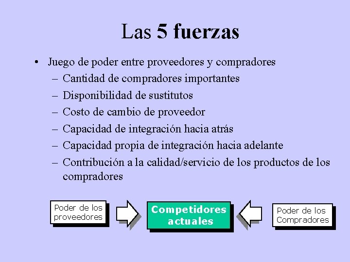 Las 5 fuerzas • Juego de poder entre proveedores y compradores – Cantidad de