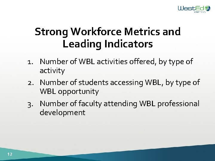 Strong Workforce Metrics and Leading Indicators 1. Number of WBL activities offered, by type