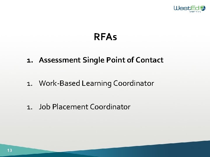 RFAs 1. Assessment Single Point of Contact 1. Work-Based Learning Coordinator 1. Job Placement