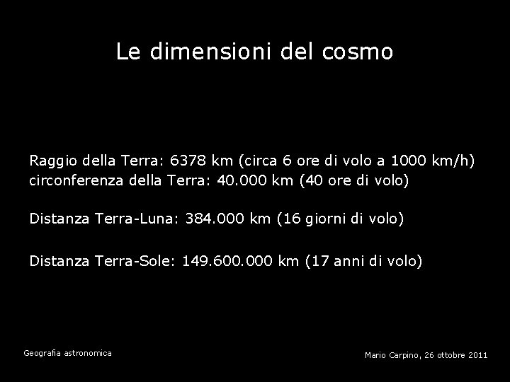 Le dimensioni del cosmo Raggio della Terra: 6378 km (circa 6 ore di volo