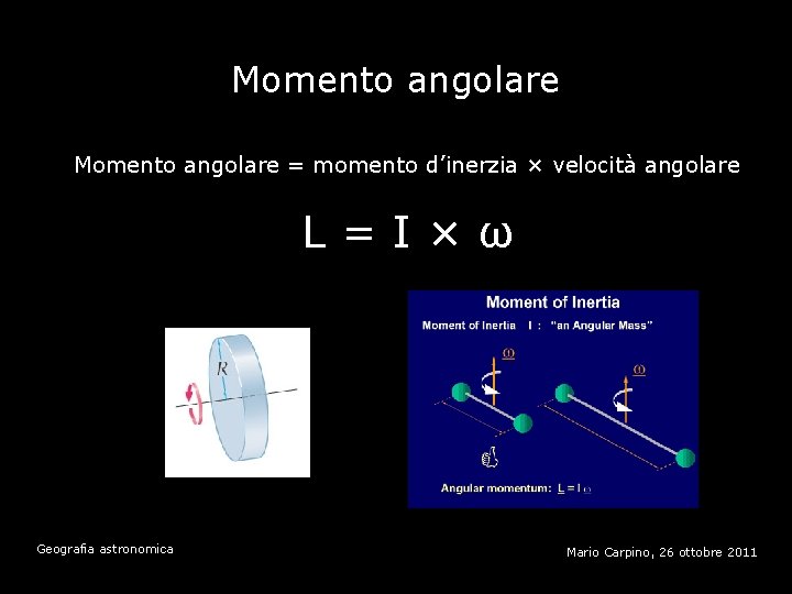 Momento angolare = momento d’inerzia × velocità angolare L=I×ω Geografia astronomica Mario Carpino, 26