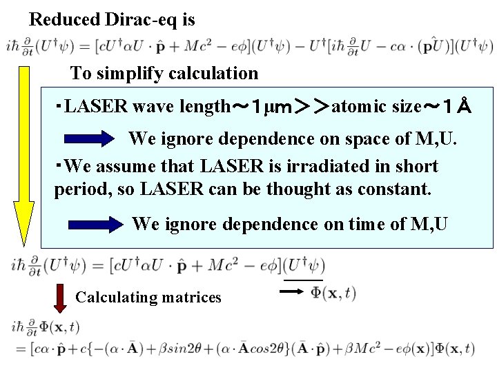 Reduced Dirac-eq is To simplify calculation ・LASER wave length～１μｍ＞＞atomic size～１Å We ignore dependence on