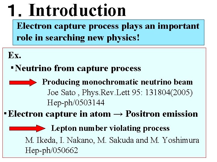 １．Introduction Electron capture process plays an important role in searching new physics! Ex. ・Neutrino