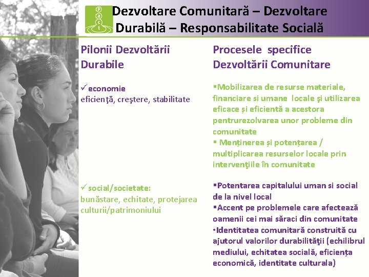 Dezvoltare Comunitară – Dezvoltare Durabilă – Responsabilitate Socială Pilonii Dezvoltării Durabile Procesele specifice Dezvoltării