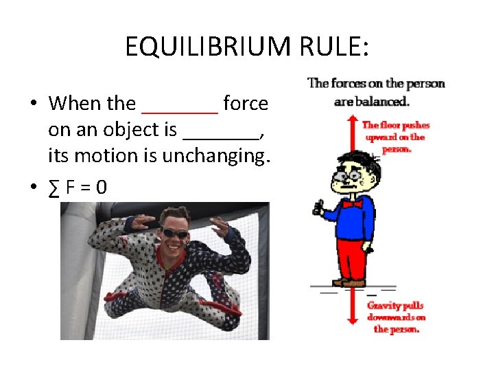EQUILIBRIUM RULE: • When the _______ force on an object is _______, its motion