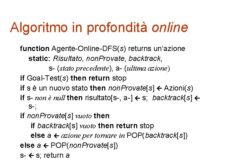 Algoritmo in profondità online function Agente-Online-DFS(s) returns un’azione static: Risultato, non. Provate, backtrack, s-