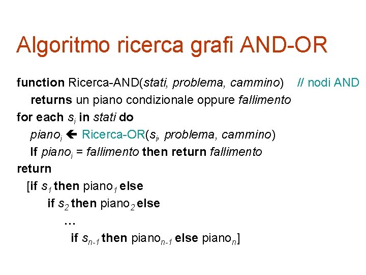 Algoritmo ricerca grafi AND-OR function Ricerca-AND(stati, problema, cammino) // nodi AND returns un piano