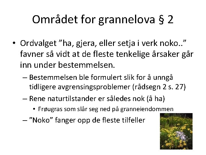 Området for grannelova § 2 • Ordvalget ”ha, gjera, eller setja i verk noko.