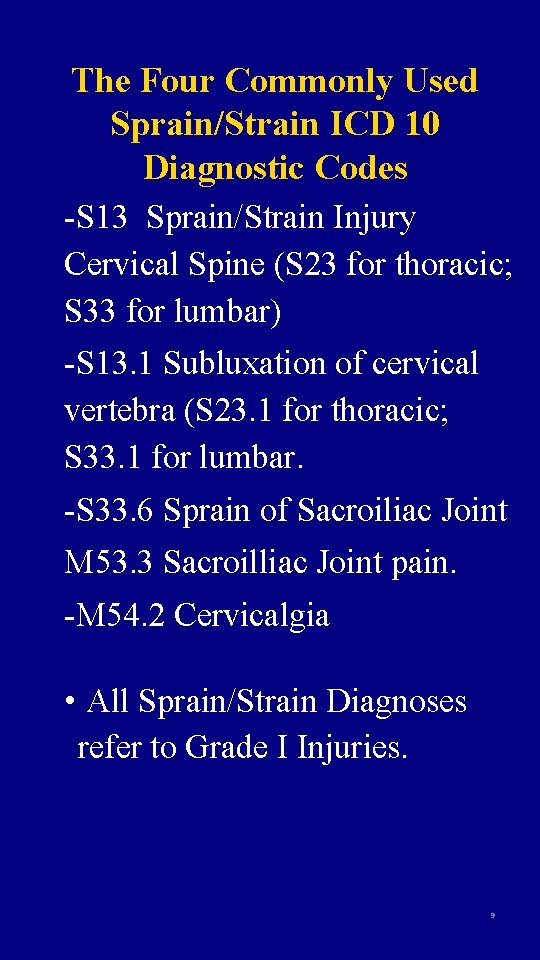 The Four Commonly Used Sprain/Strain ICD 10 Diagnostic Codes -S 13 Sprain/Strain Injury Cervical