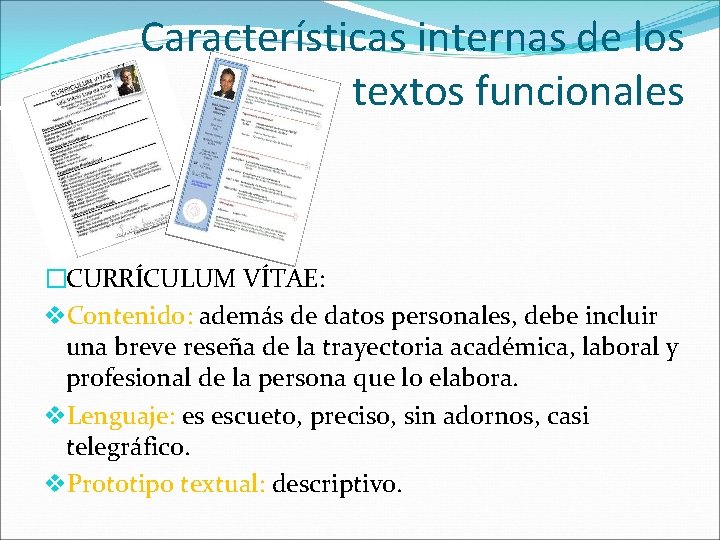 Características internas de los textos funcionales �CURRÍCULUM VÍTAE: v. Contenido: además de datos personales,