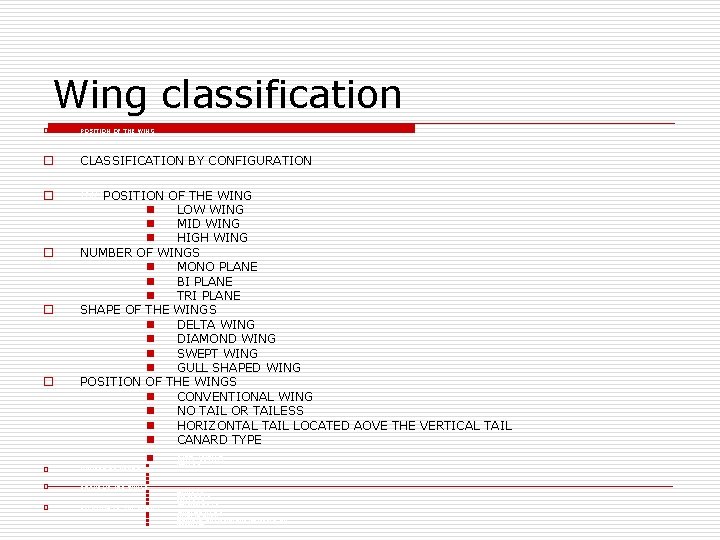 Wing classification o POSITION OF THE WING o CLASSIFICATION BY CONFIGURATION o INGPOSITION OF