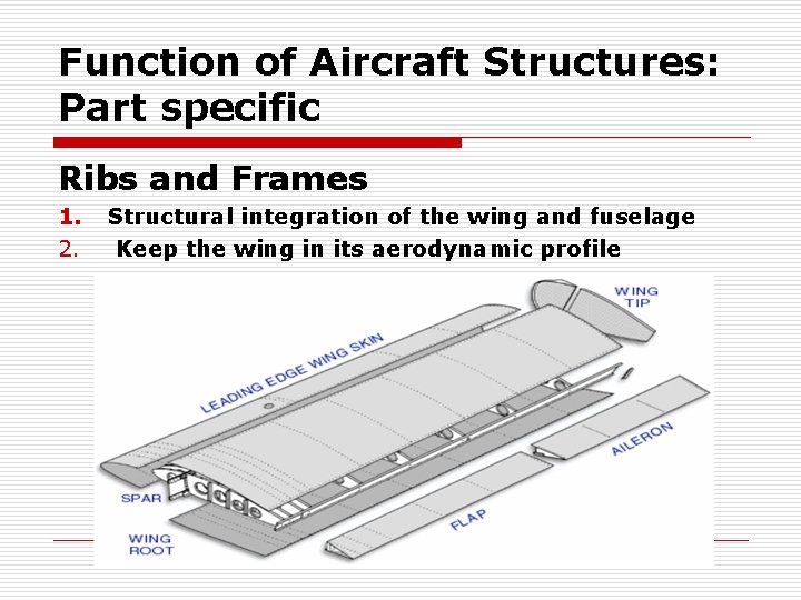 Function of Aircraft Structures: Part specific Ribs and Frames 1. 2. Structural integration of