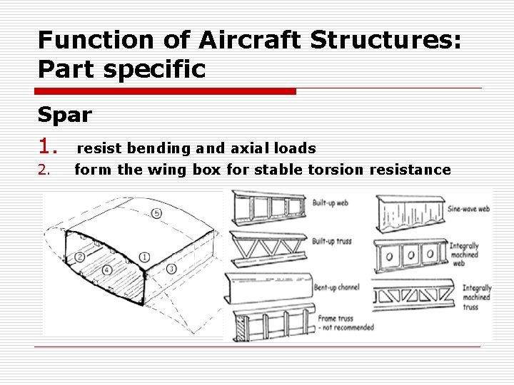 Function of Aircraft Structures: Part specific Spar 1. resist bending and axial loads 2.