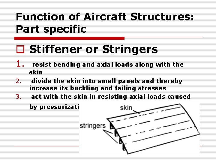 Function of Aircraft Structures: Part specific o Stiffener or Stringers 1. 2. 3. resist