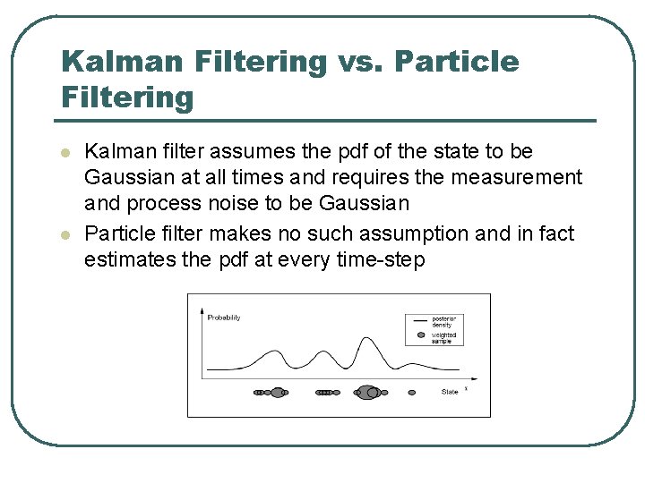 Kalman Filtering vs. Particle Filtering l l Kalman filter assumes the pdf of the