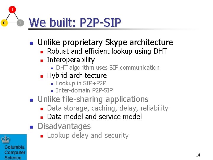 We built: P 2 P-SIP n Unlike proprietary Skype architecture n n Robust and