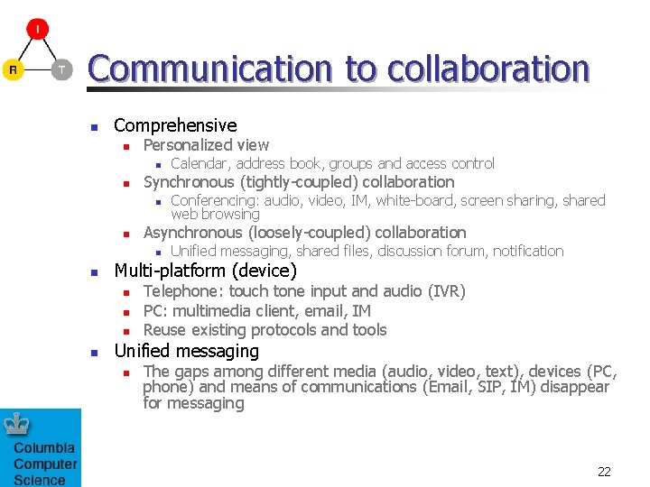 Communication to collaboration n Comprehensive n Personalized view n n Synchronous (tightly-coupled) collaboration n